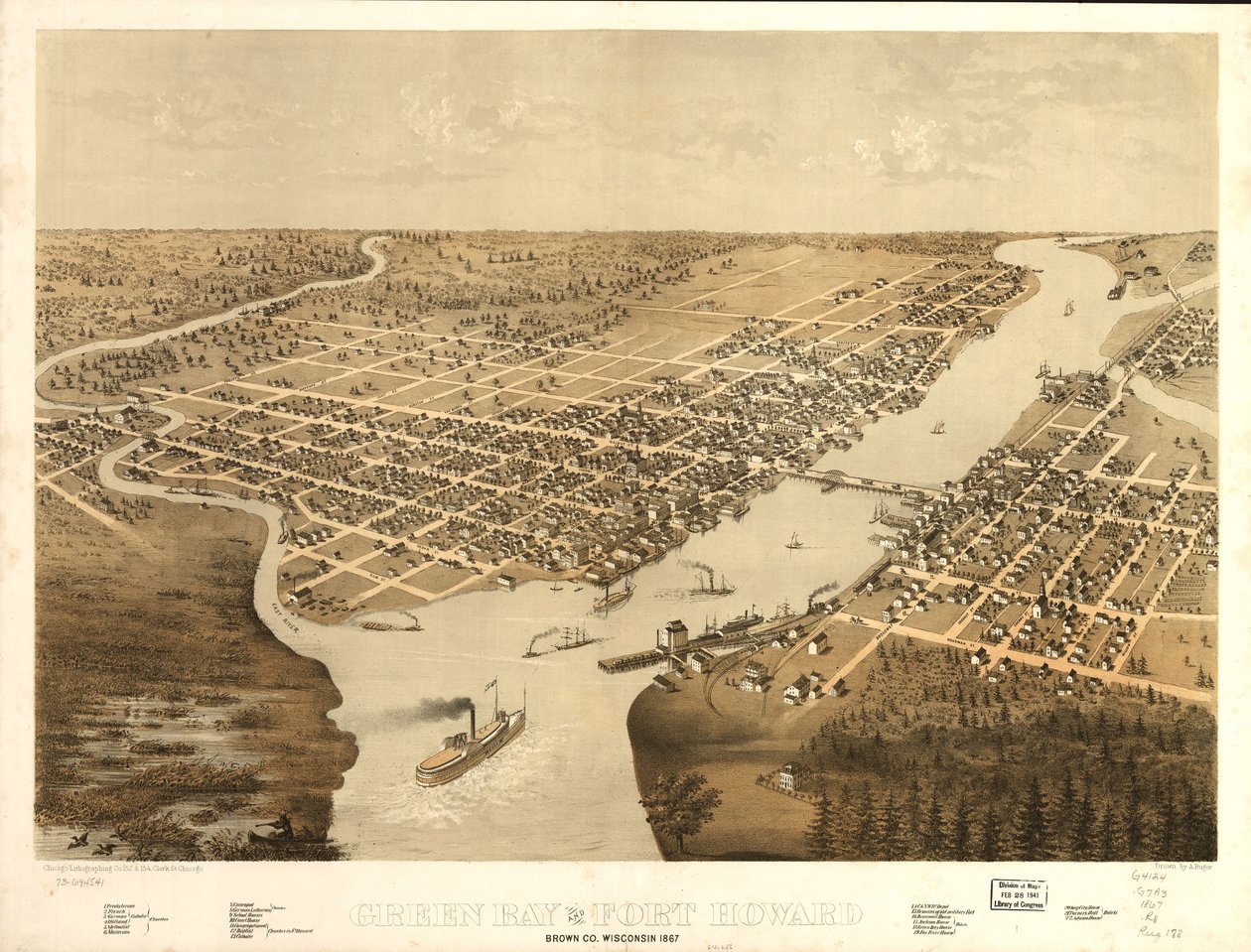 1867年、ウィスコンシン州ブラウン郡グリーンベイとフォート・ハワード。LOC 73694541 作： A; Chicago Lithographing Co. Ruger