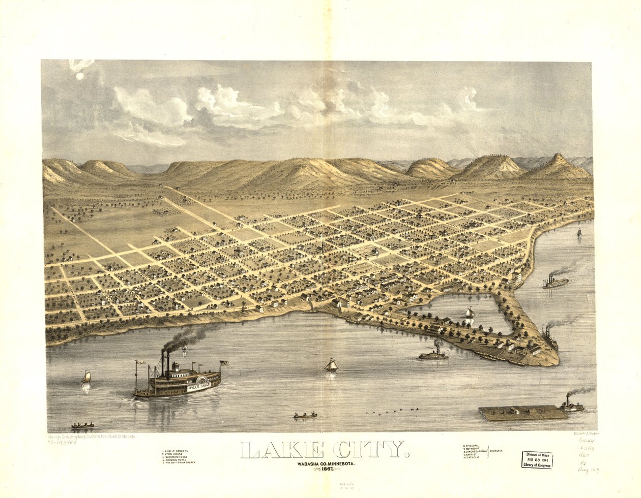 1867年、ミネソタ州ワバシャ郡レイク・シティ。LOC 73693454 作： A; Chicago Lithographing Co. Ruger
