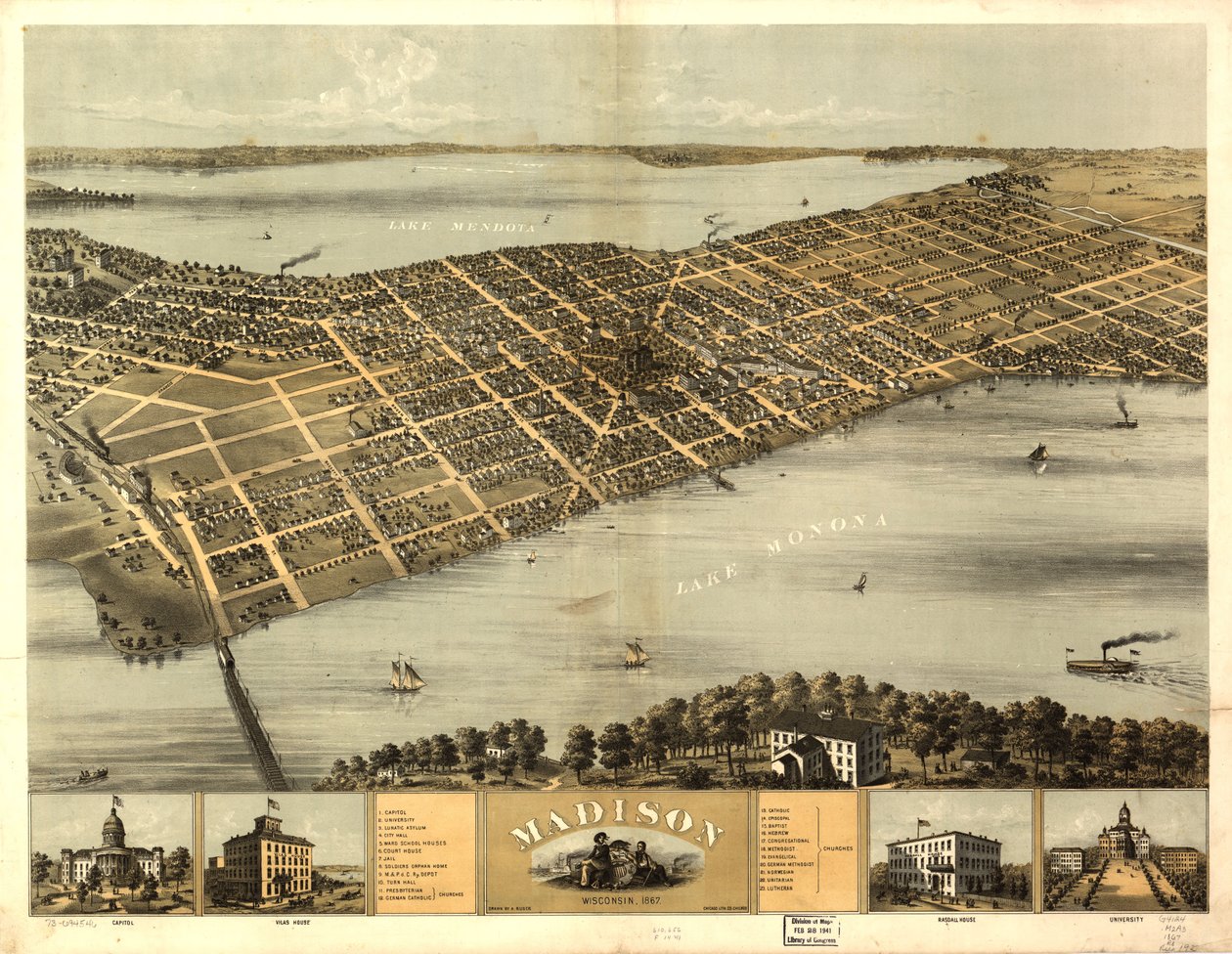 ウィスコンシン州マディソン 1867年LOC 73694546 作： A; Chicago Lithographing Co. Ruger