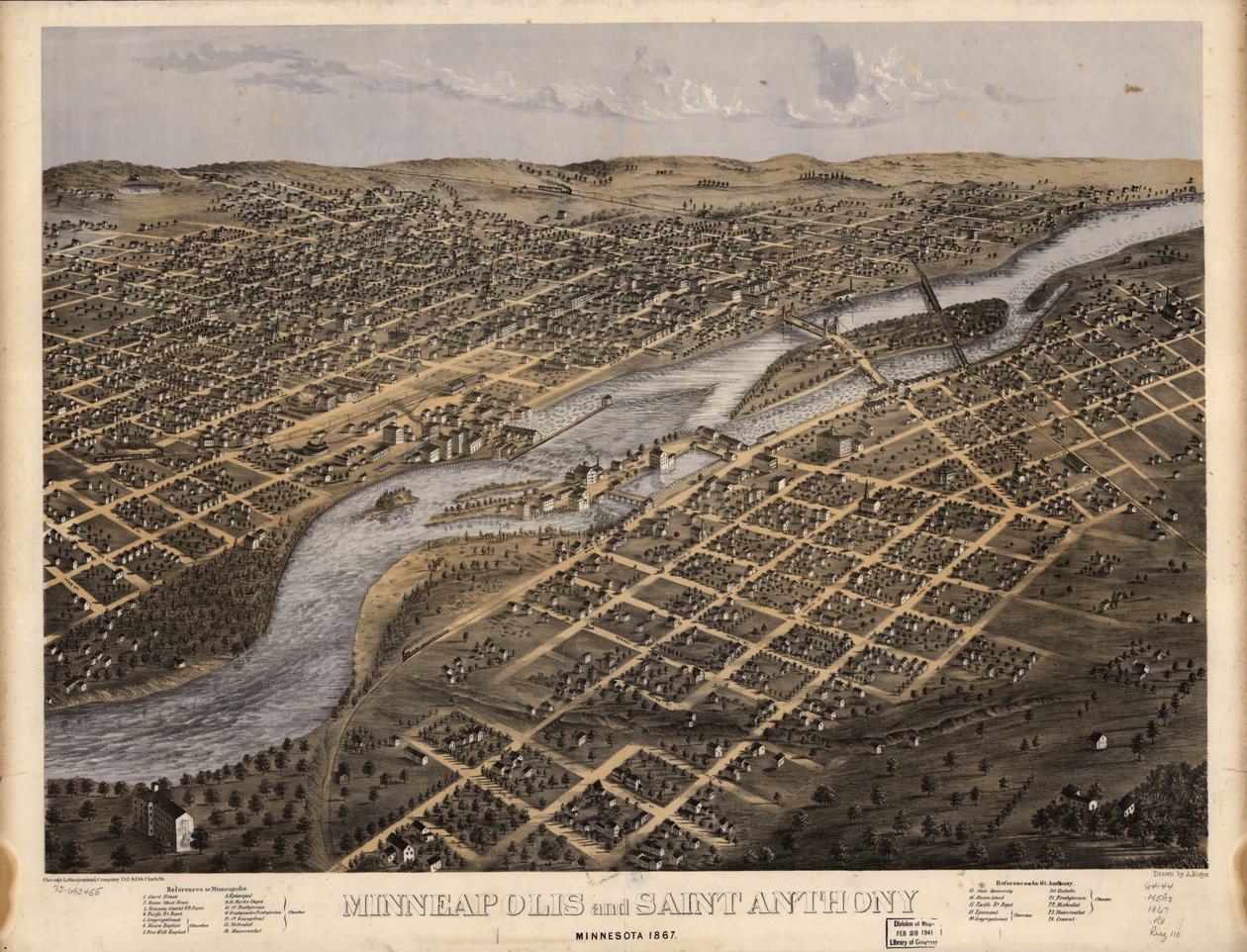 ミネアポリスとセント・アンソニー、ミネソタ州 1867年LOC 73693455 作： A; Chicago Lithographing Co. Ruger