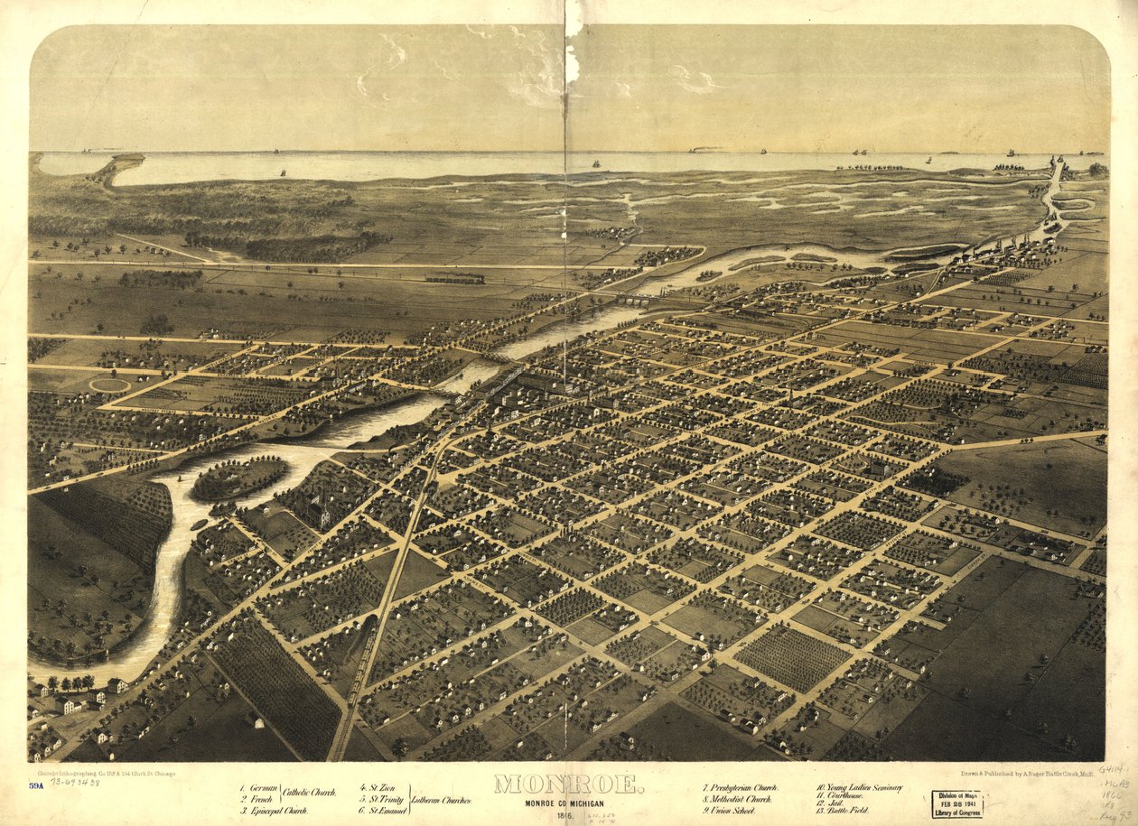 1866年、ミシガン州モンロー。LOC 73693438 作： A; Chicago Lithographing Co. Ruger