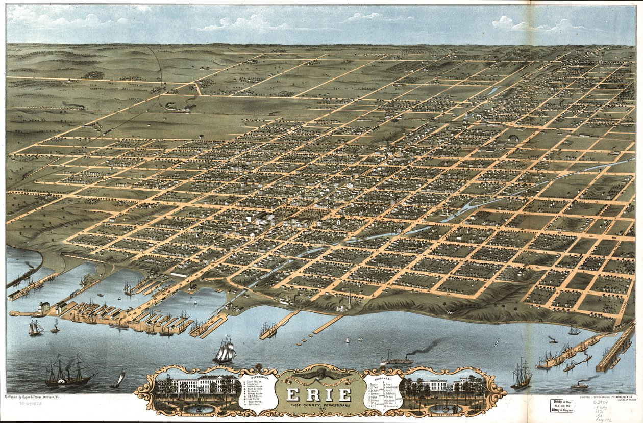1870 年、ペンシルベニア州エリー郡エリー市の鳥瞰図。 作： A. Chicago LithographingCo.RugerおよびStonerRuger