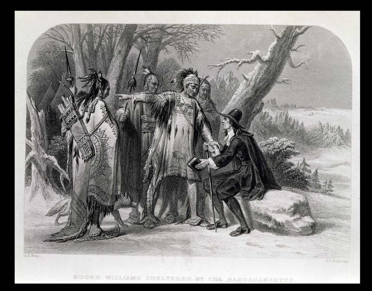 ロジャーウィリアムズ、ナラガンセットによって保護された、1636年、「米国の歴史」、Vol。ジェームズチャールズアーミーテージ（c.1820-97）が刻印したチャールズマッカイ 作： AH Wray