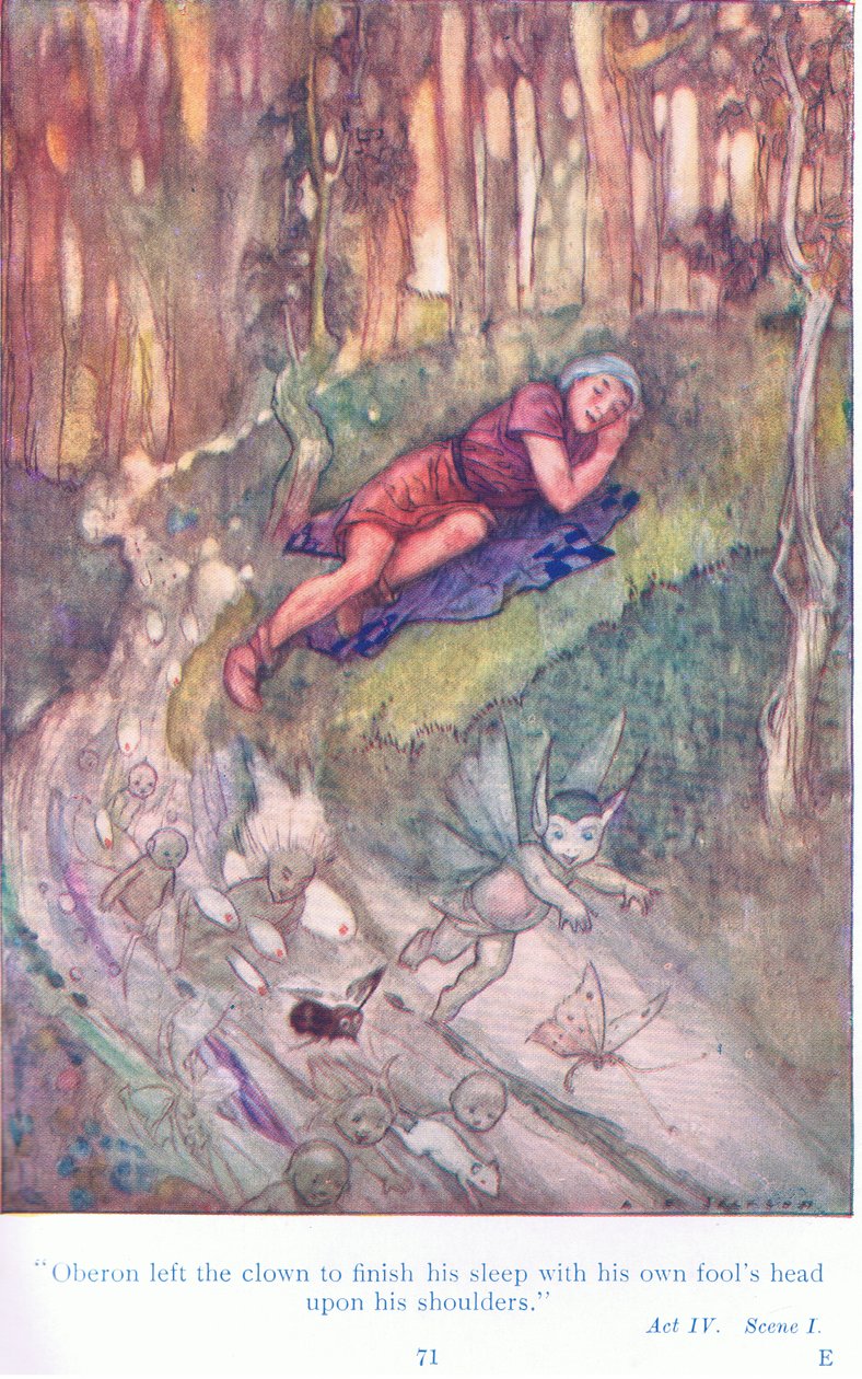オベロンは、道化師が愚かな頭を肩に乗せて眠りにつくのを見送った（『真夏の夜の夢』）、『Tales from Shakespeare』（Ward Lock & Co Ltd. 出版）より 作： A.ジャクソン