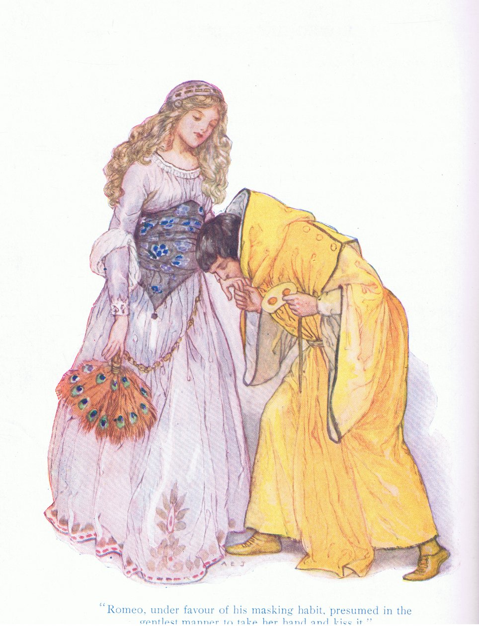 ロミオは仮面をかぶっていたため、最も優しい方法で彼女の手を取ってキスをしようとした（『ロミオとジュリエット』）、『Tales from Shakespeare』（Ward Lock & Co Ltd.）より 作： A.ジャクソン