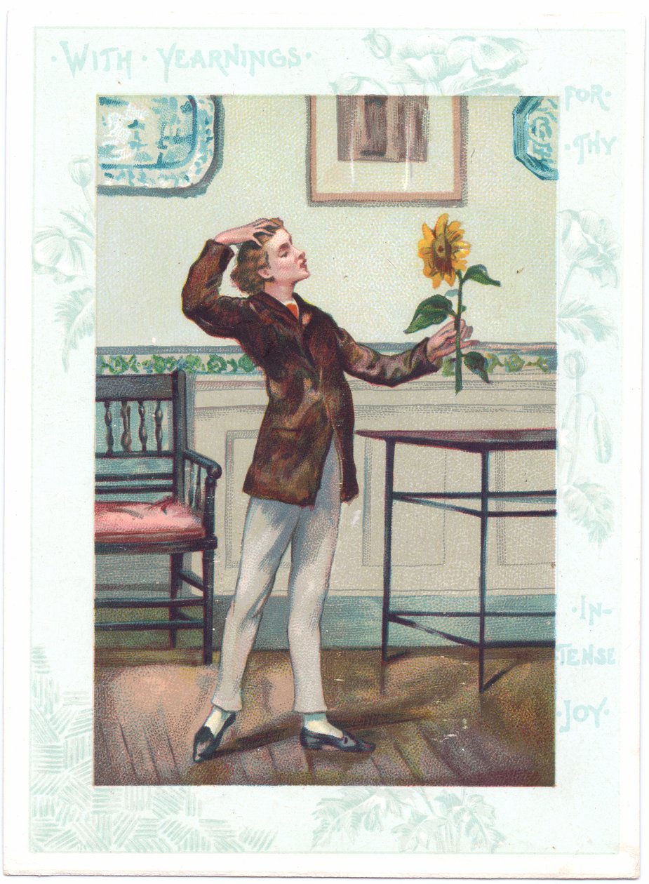 The flower gazer ビクトリア朝時代のグリーティングカード 恍惚の中でヒマワリを愛でる美学者 1881年頃（カラーリトグラフ版 作： A.ルドビッチ