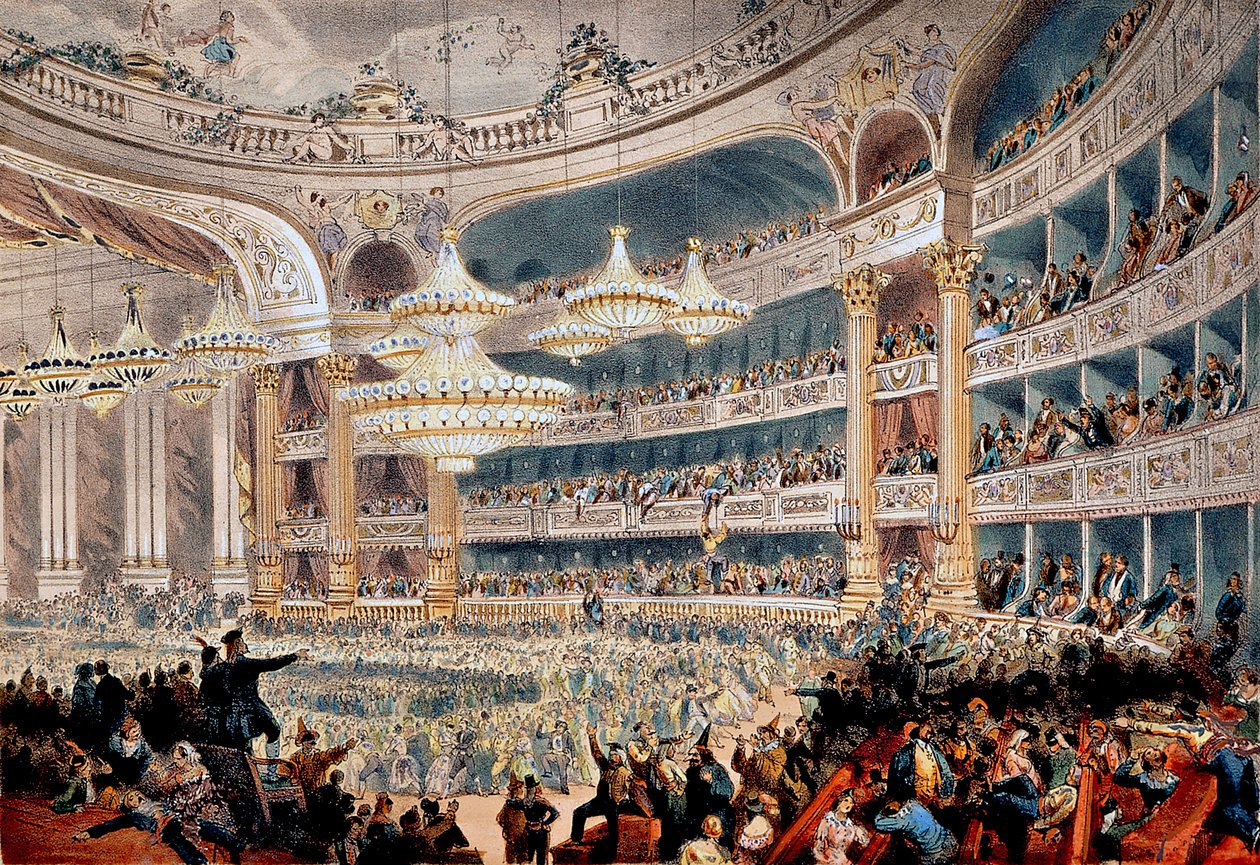 1850年頃のパリ、ル・ペルティエ通りのオペラ座での舞踏会 - A Provostによるエングレーヴィング 作： プロボスト