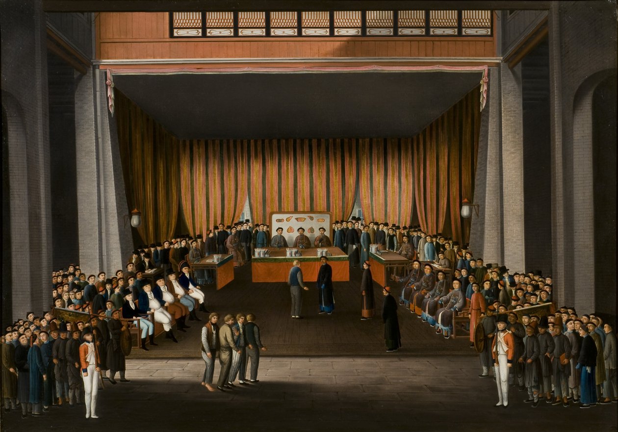 1807年4月9日、カントンの英国工場のホールにある中国の司法裁判所、1810年頃（紙に油彩） 作： A.ローランドナイト