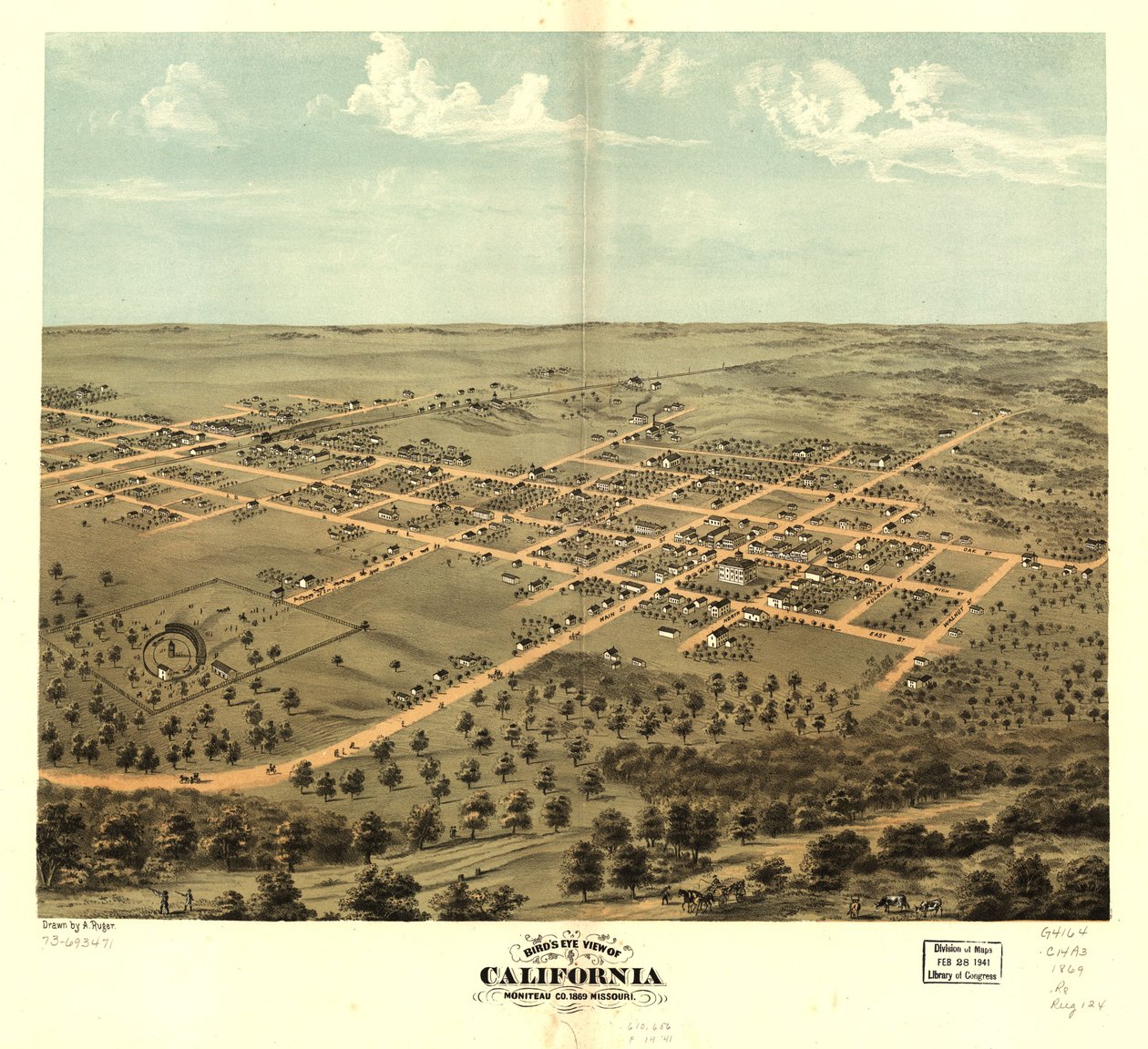 1869年、ミズーリ州モニトー、カリフォルニアの鳥瞰図。LOC 73693471 作： A.ルガー