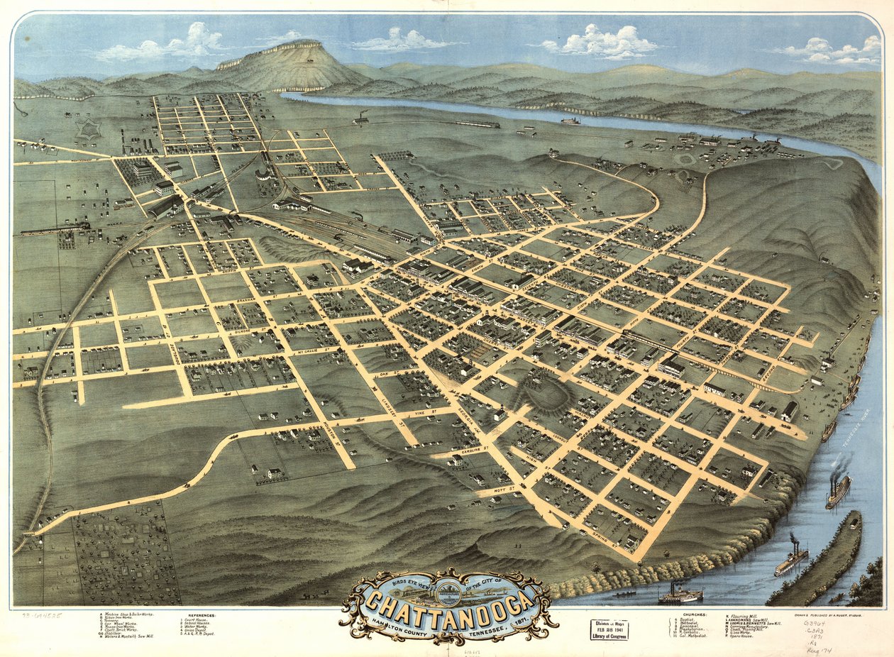 テネシー州ハミルトン郡チャタヌーガ市の鳥瞰図、1871 年。 作： A.ルガー