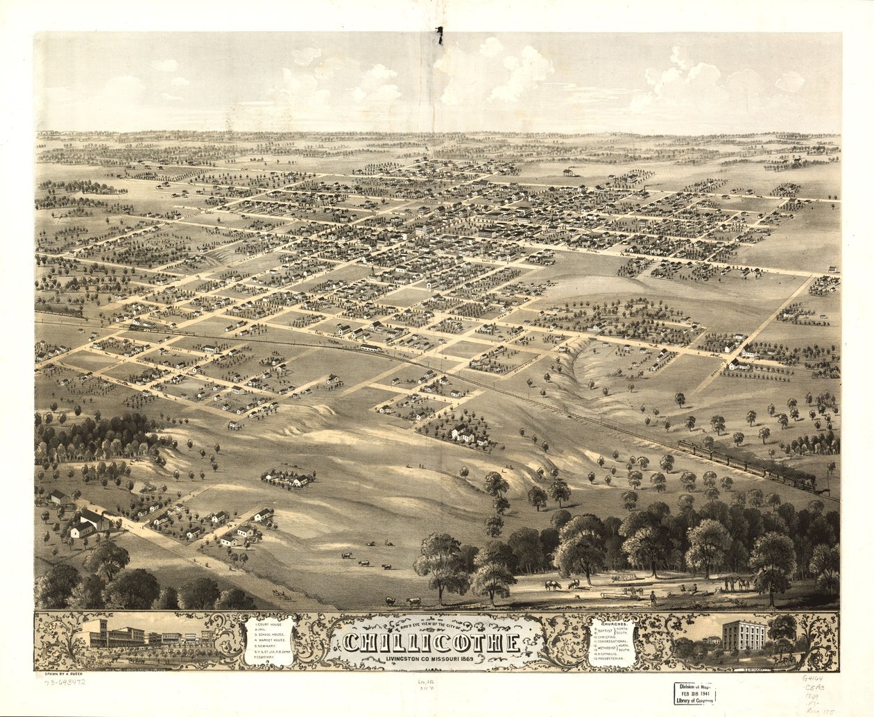 1869年、ミズーリ州リビングストン郡チリコテ市の鳥瞰図。LOC 73693472 作： A.ルガー