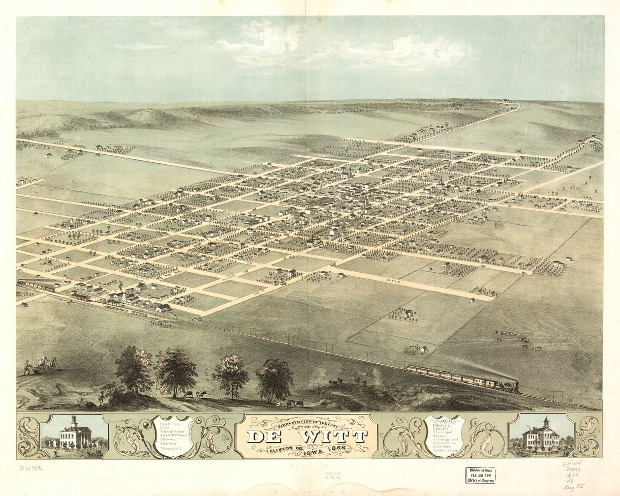 1868年、アイオワ州クリントン郡デ・ウィット市の鳥瞰図。LOC 73693396 作： A.ルガー