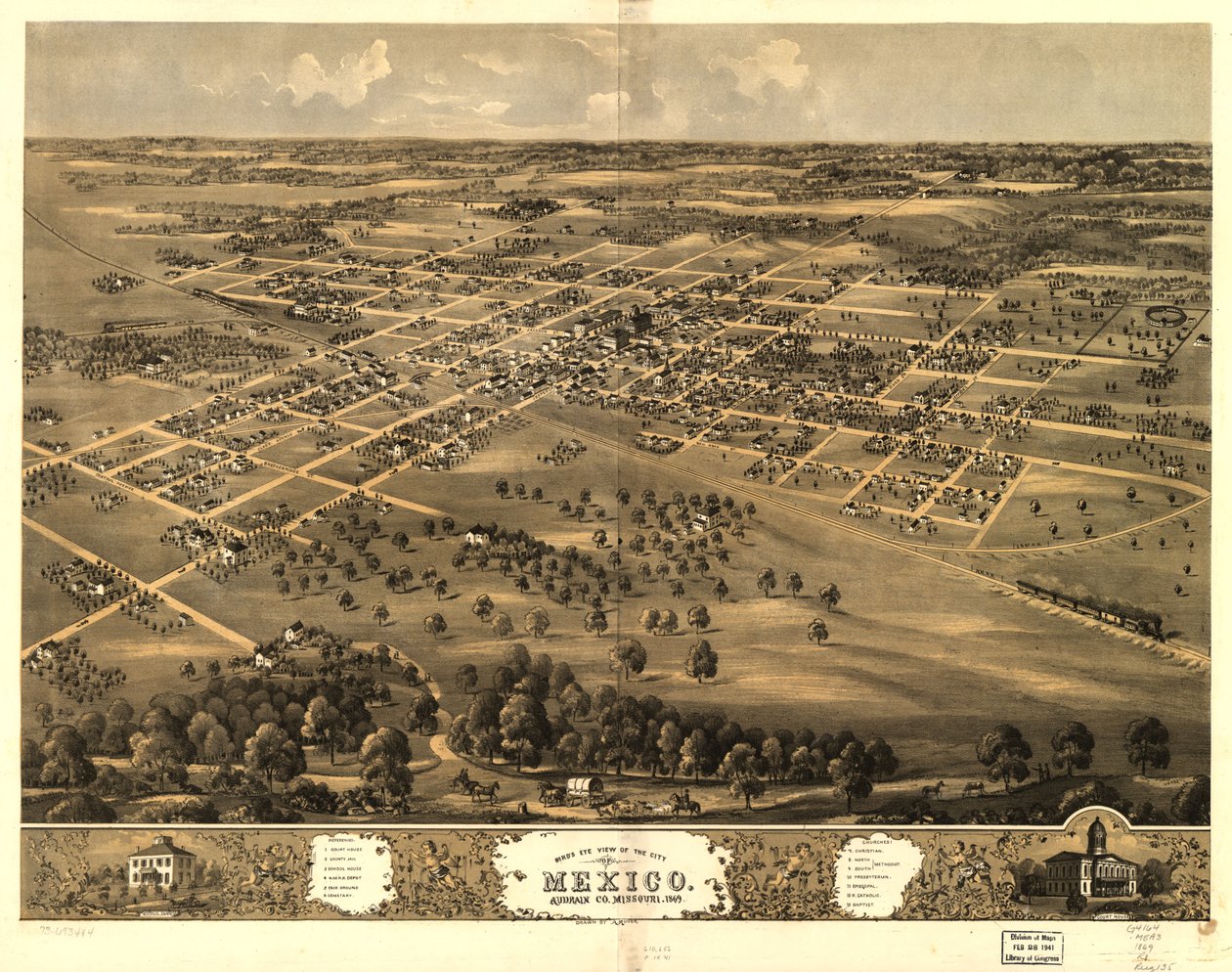 1869年、ミズーリ州オードリアン、メキシコ市の鳥瞰図。LOC 73693484 作： A.ルガー