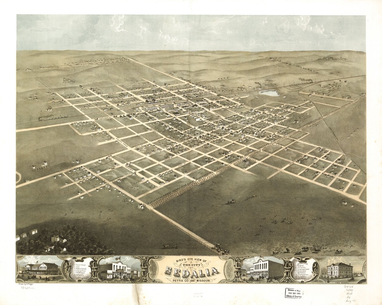 1869年、ミズーリ州ペティス郡セダリア市の鳥瞰図。LOC 73693491 作： A.ルガー