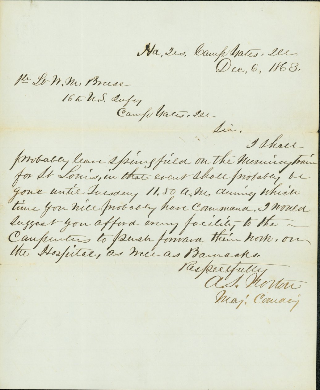 1863年12月6日、イリノイ州キャンプ・イエーツの司令部少佐A.S.ノートンからイリノイ州キャンプ・ゲーツの米国第16歩兵隊W.M.ブリース一等兵への手紙（署名入り 作： ASノートン