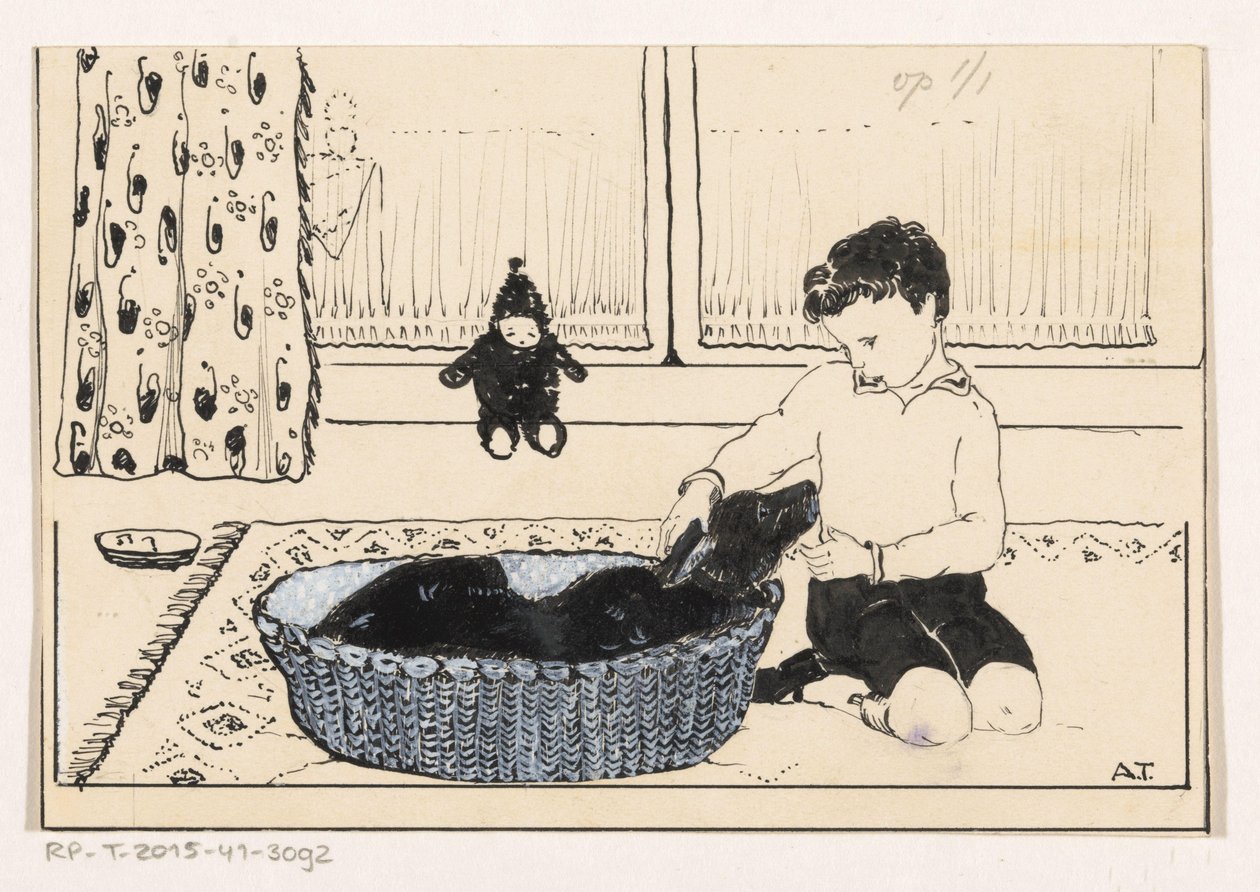 男の子が犬をなでる 作： A.ティンベルゲン（アーティストによる署名）