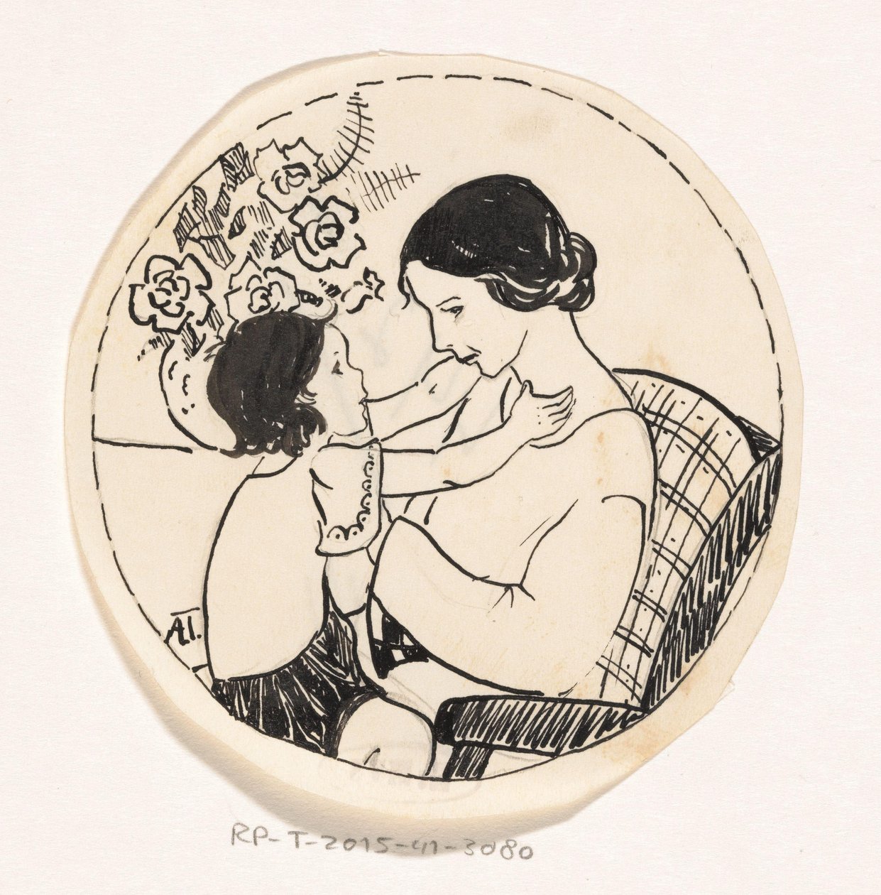 お母さんの膝の上の女の子 作： A.ティンベルゲン（アーティストによる署名）