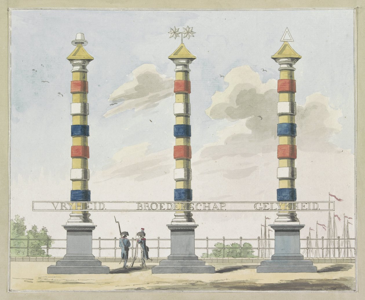 自由、兄弟愛、平等、Hogesluis の装飾、1795 年 1795 年にアムステルダムで開催された Alliantiefeest の装飾のプレート 10 枚 作： A.バーカーク