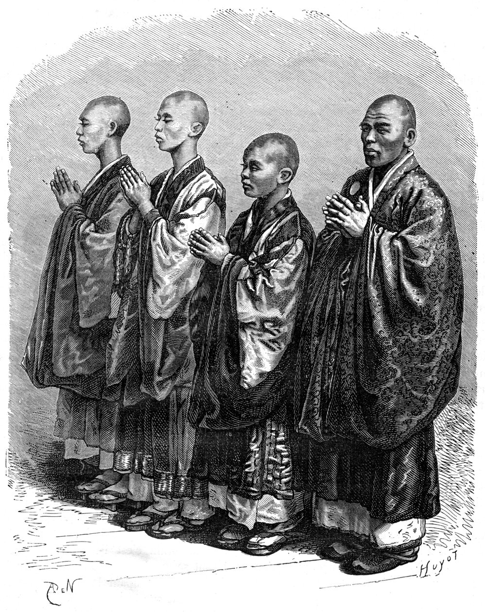 祈りの仏教徒、日本、19世紀。 作： A. de Neuville