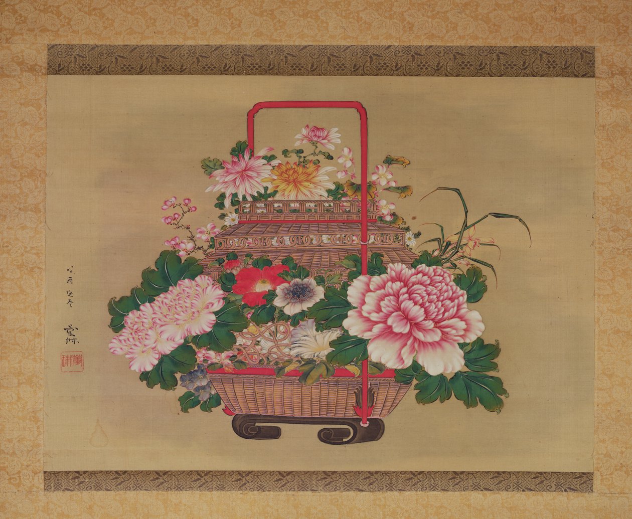 花のバスケット、1837年（インクとシルクの色） 作： 阿部Kan鳥rin