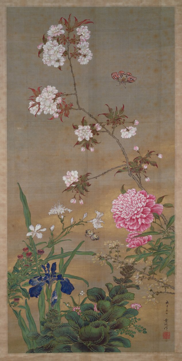 牡丹、菖蒲、桜、蝶、1828年（墨、色、絹に金） 作： 阿部Kan鳥rin