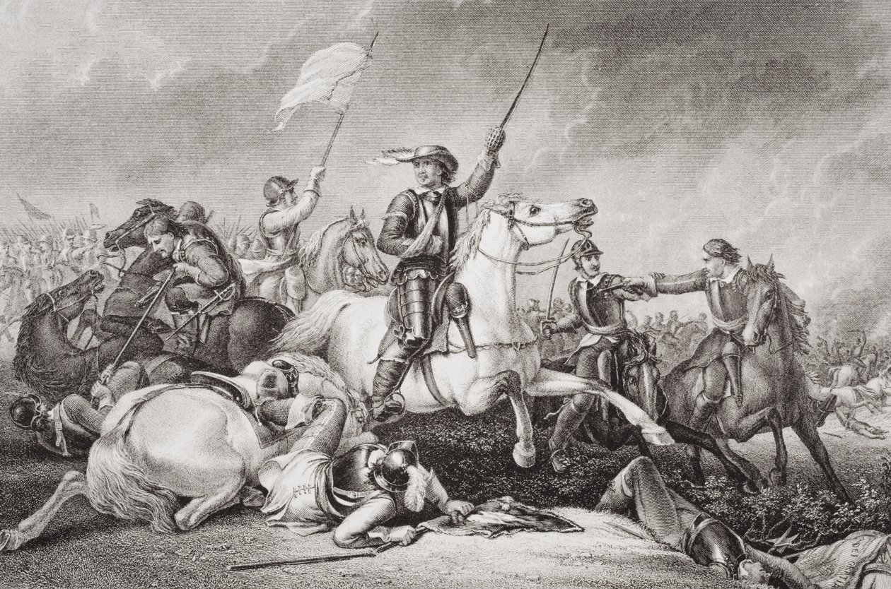 クロムウェルは1644年7月2日、マーストンムーアの戦いで右腕を負傷した後、「英語とスコットランドの歴史のイラスト」第1巻（彫刻）から起訴されました。 作： エイブラハム・クーパー