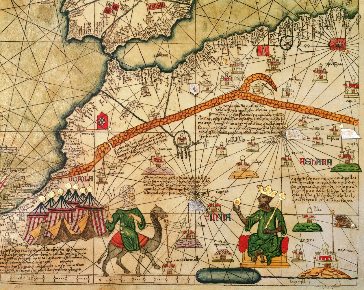 1381年にフランスのシャルル5世に贈られたヨーロッパと北アフリカのカタロニアマップのコピーの詳細 作： アブラハム・クレスク