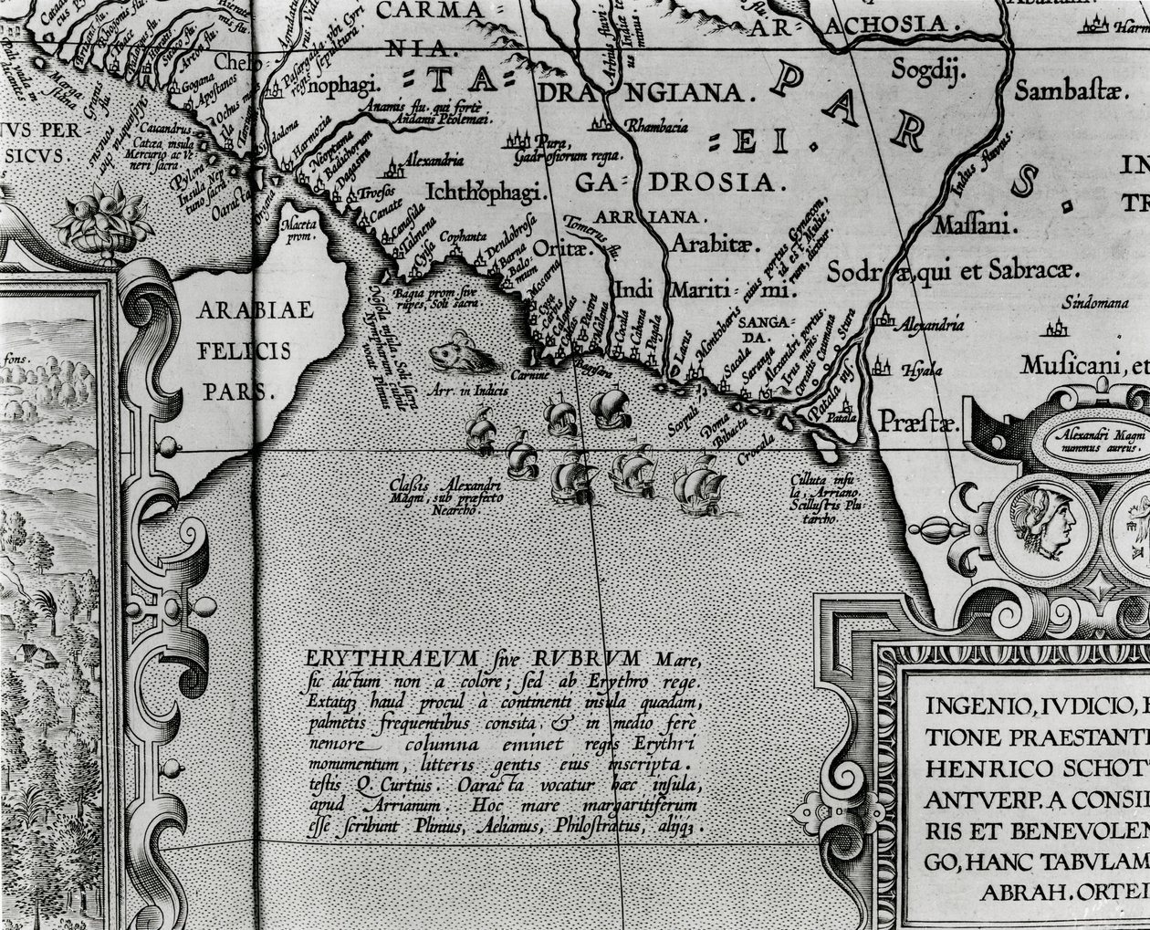 1674年にアントワープで公開された、オルテリ劇場世界のパレルゴン、アブラハムからのアレクサンダー大王帝国の肖像」（詳細） 作： アブラハム・オルテリウス