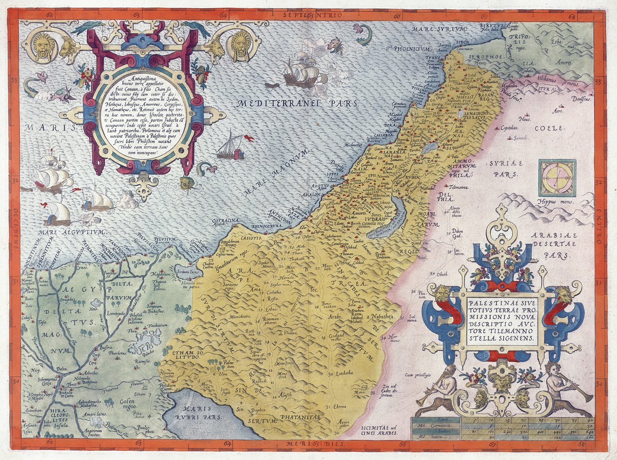 Theatrvm Orbis Terrarvmによる1570年のパレスチナの地図（手書きの彫刻） 作： アブラハム・オルテリウス