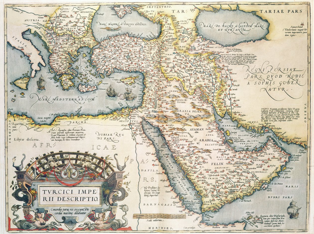 中東の地図、Theatrvm Orbis Terrarvm、1570年（手描きの彫刻） 作： アブラハム・オルテリウス