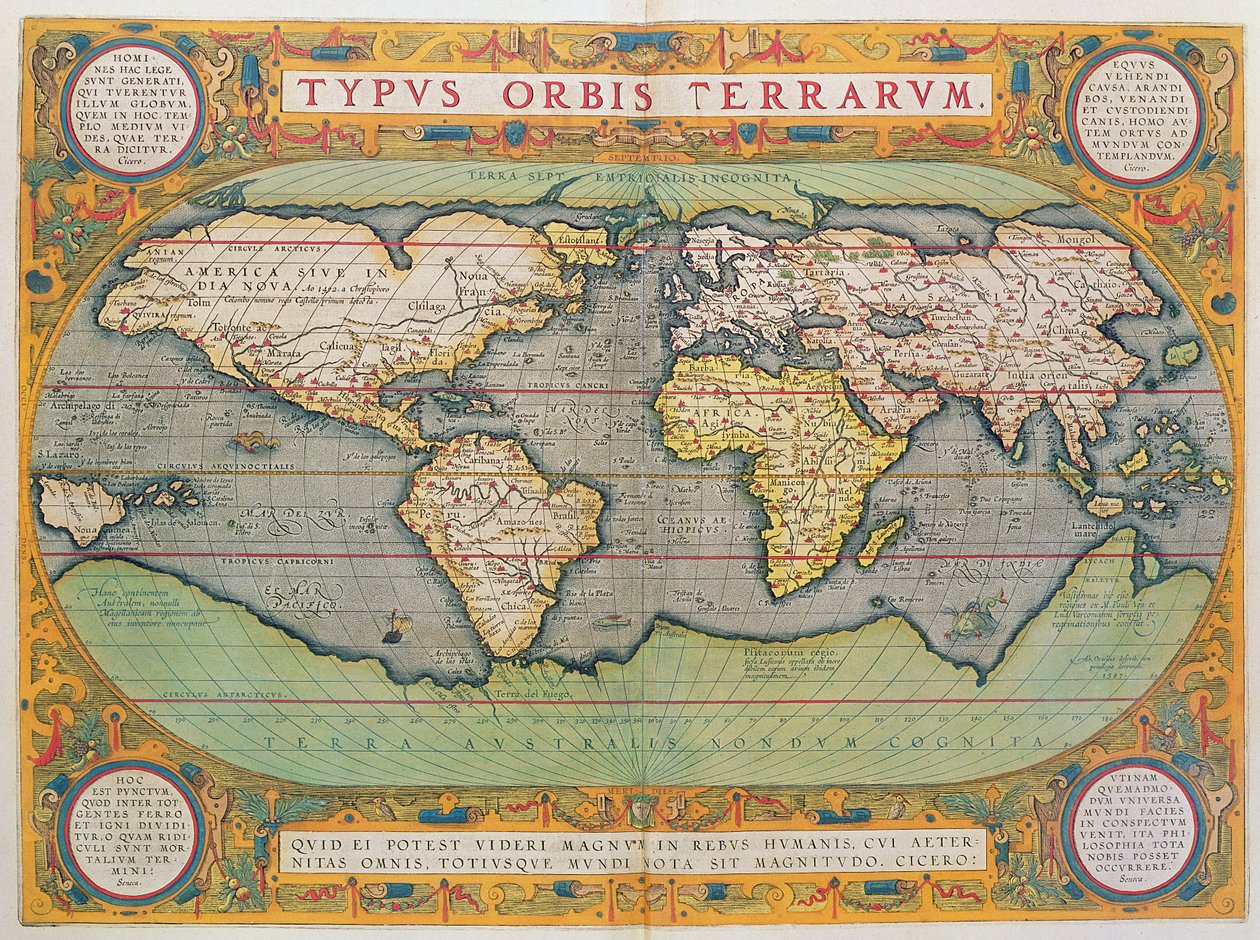 Typus Orbis Terrarum、世界地図、Orteliusの「Theatrum Orbis Terrarum」、アントワープ、1570年（手描きの彫刻） 作： アブラハム・オルテリウス