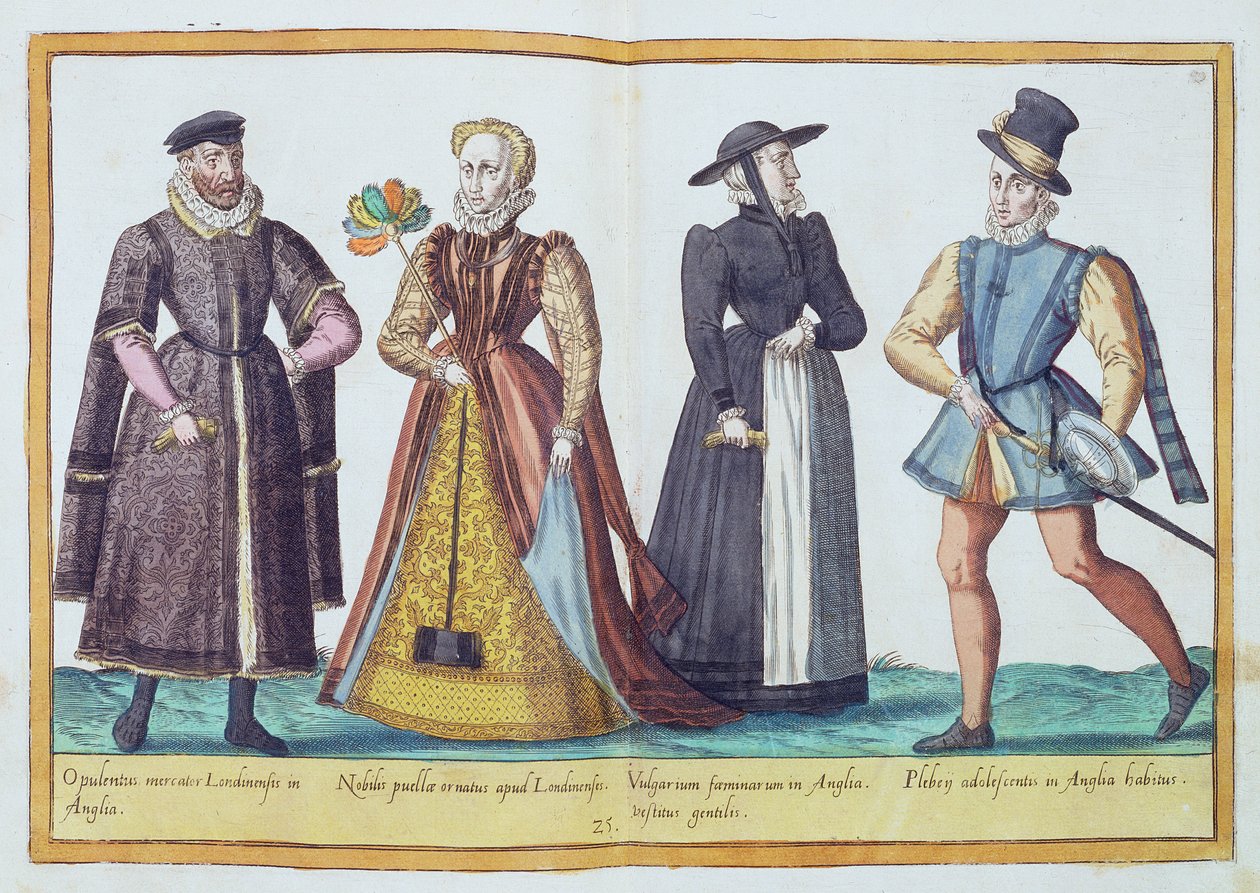 1577年にケルンで出版された「オムニアムポーンジェンティウムイマジン」の16世紀の英国の衣装（手塗りの彫刻） 作： アブラハム・ド・ブルーイン