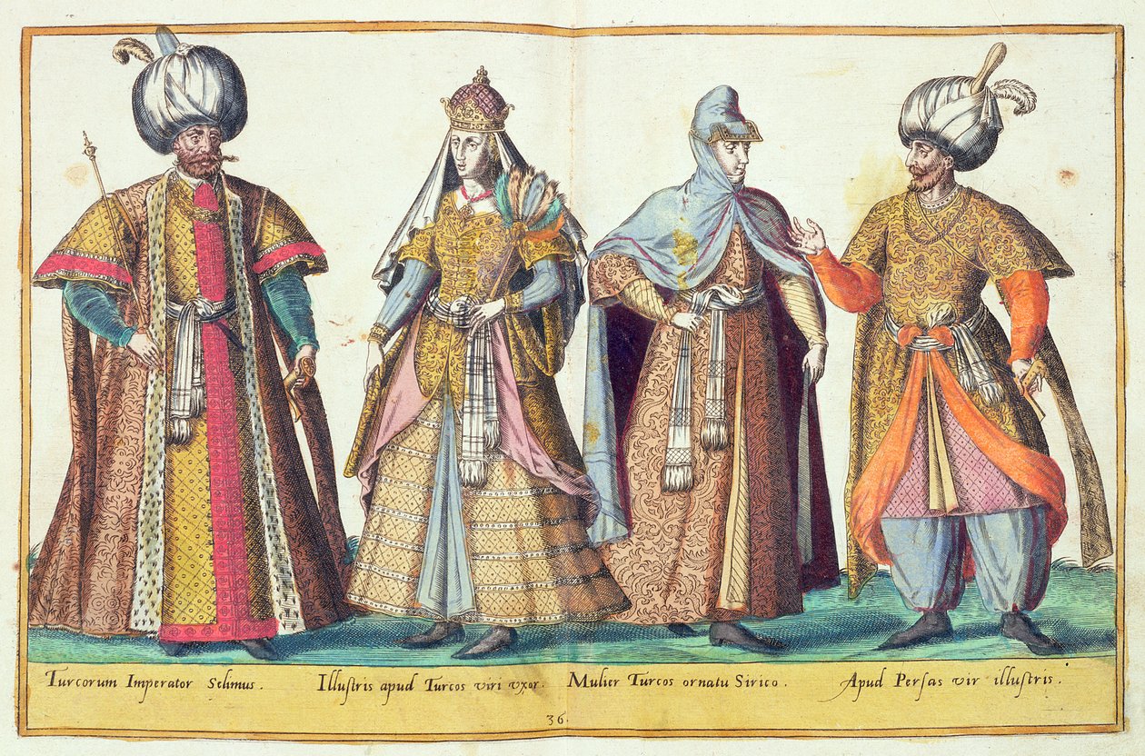 ケルンで出版された「オムニアムポーンジェンティウムイマジンズ」の16世紀の衣装、1577年（手描きの彫刻） 作： アブラハム・ド・ブルーイン