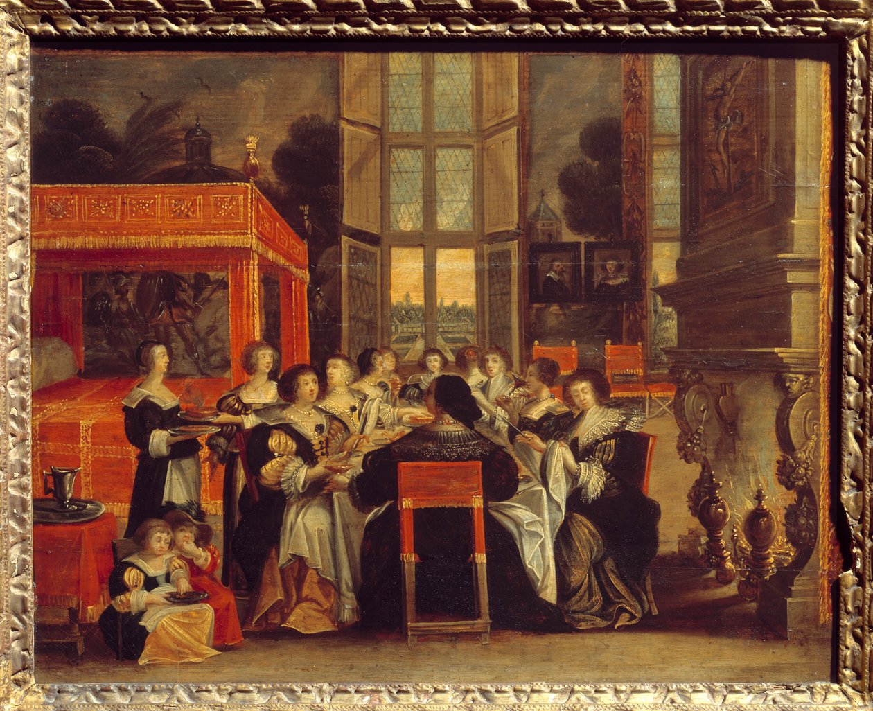 夫のいないところでの女性たちの会話。アブラハム・ボッセ(1602-1676)による夕食の絵 17世紀の江頭園。国立ルネッサンス美術館 作： エイブラハム（後）・ボッセ