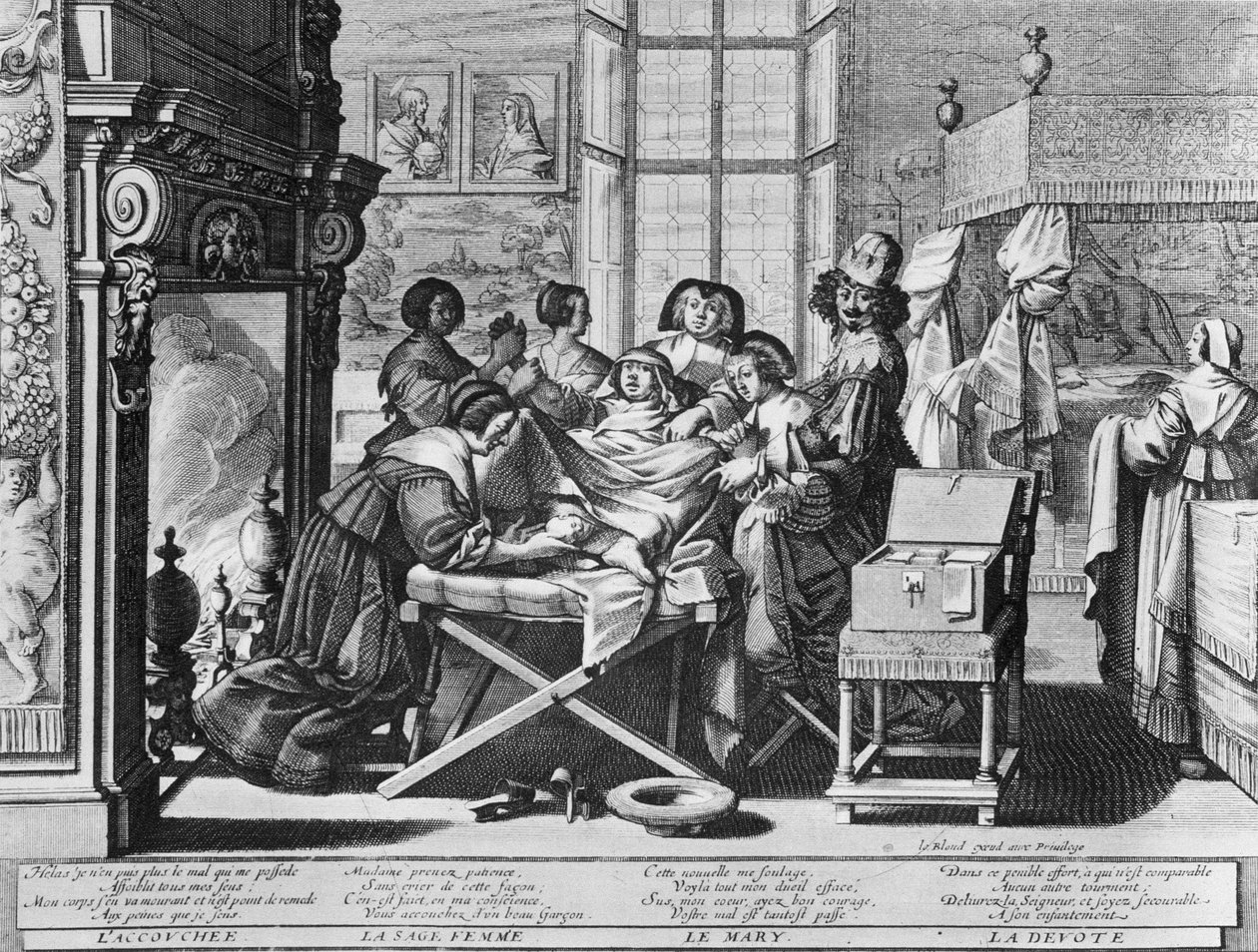 1633年にアブラハム・ボッセが描いた「都市への結婚」と題された一連のエングレーヴィング（ウォーターフォルテ） - 「出産」：作業用ベッドの上。 作： アブラハム・ボス