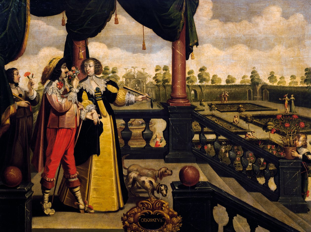 嗅覚、1635年頃、アブラハム・ボッセ（1604-1676）作、画家不明の5連作の絵画の後、フランス 作： アブラハム・ボス