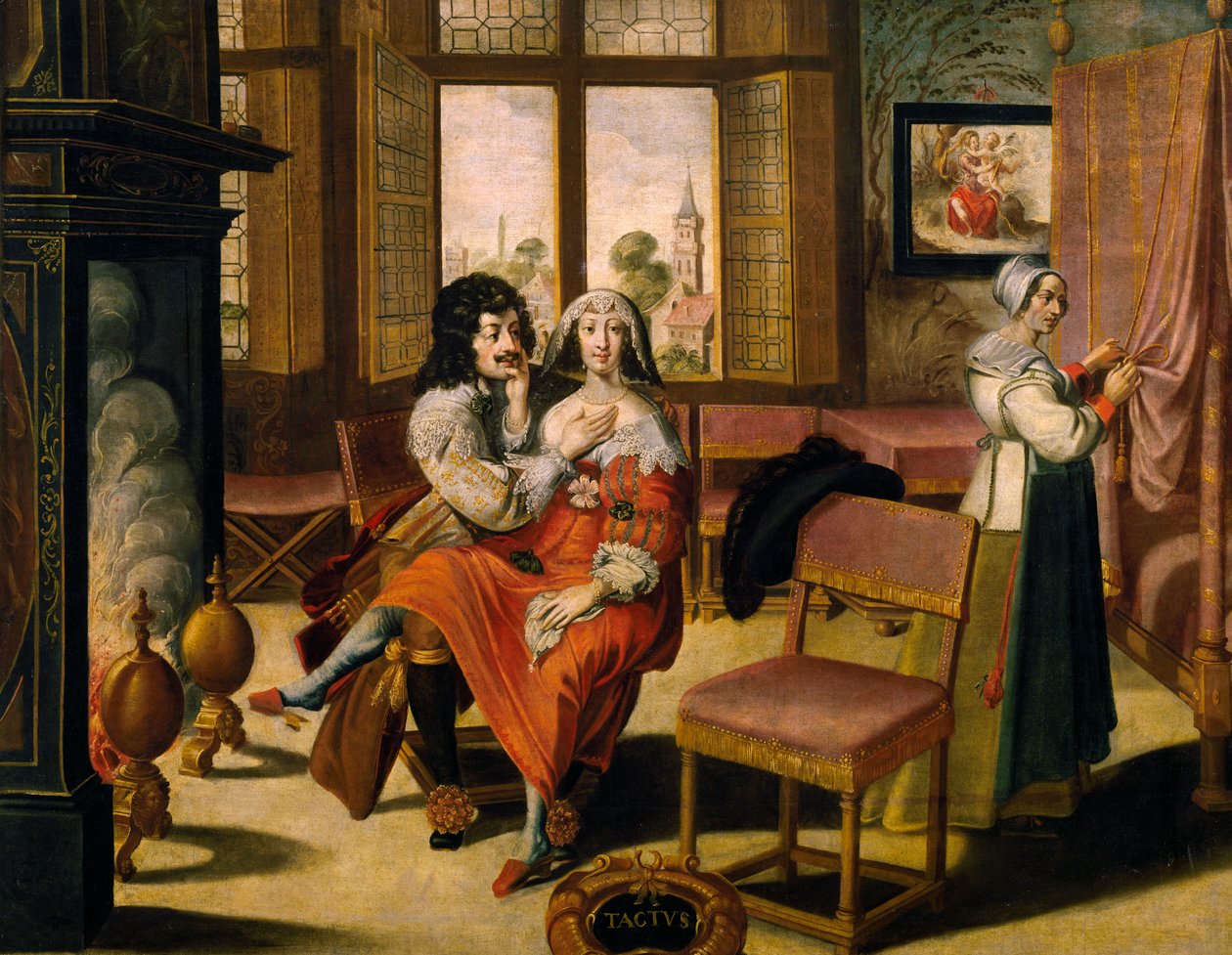 触覚、1635年頃、アブラハム・ボッセ（1604-1676）作、画家不明の5連作の絵画の後、フランス 作： アブラハム・ボス