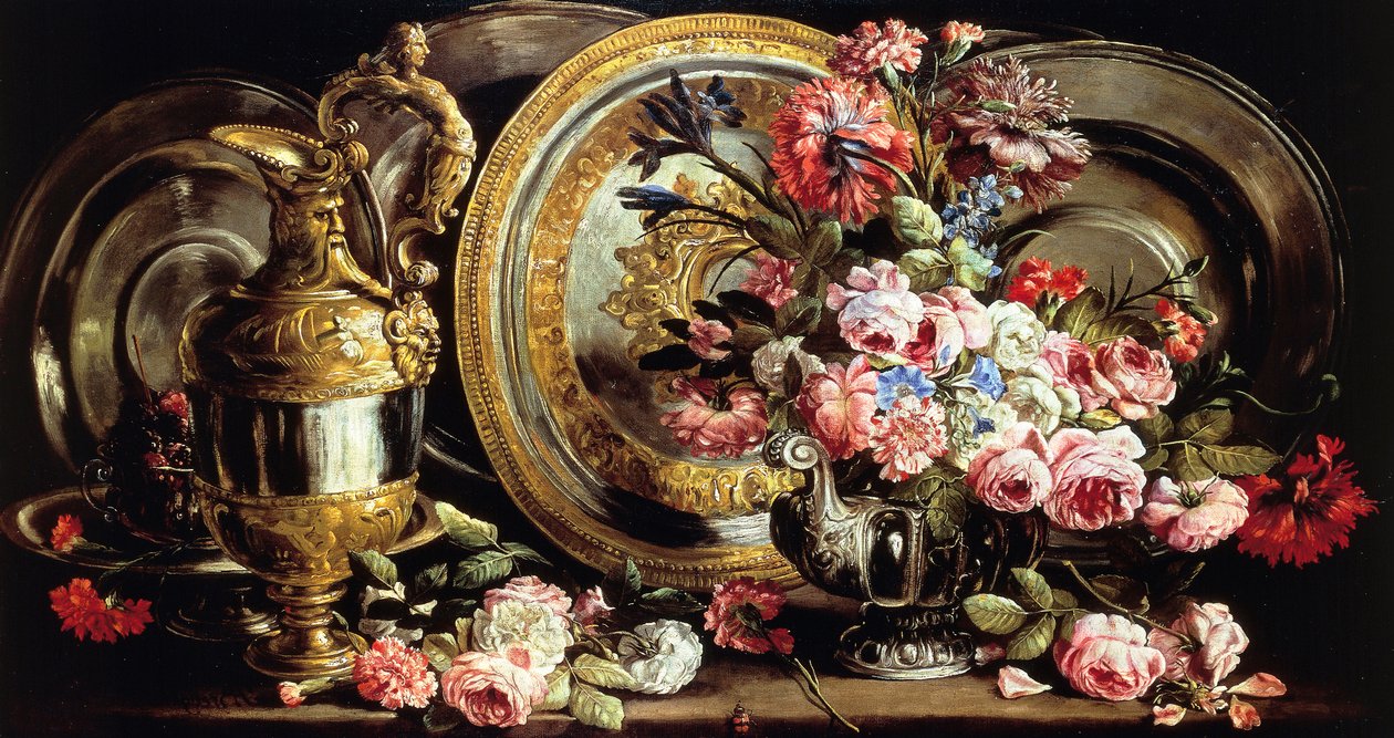 Asetelma hopeaa ja kukkia, Abraham Brueghel (1631-1697), öljy paneelille 作： アブラハム・ブリューゲル