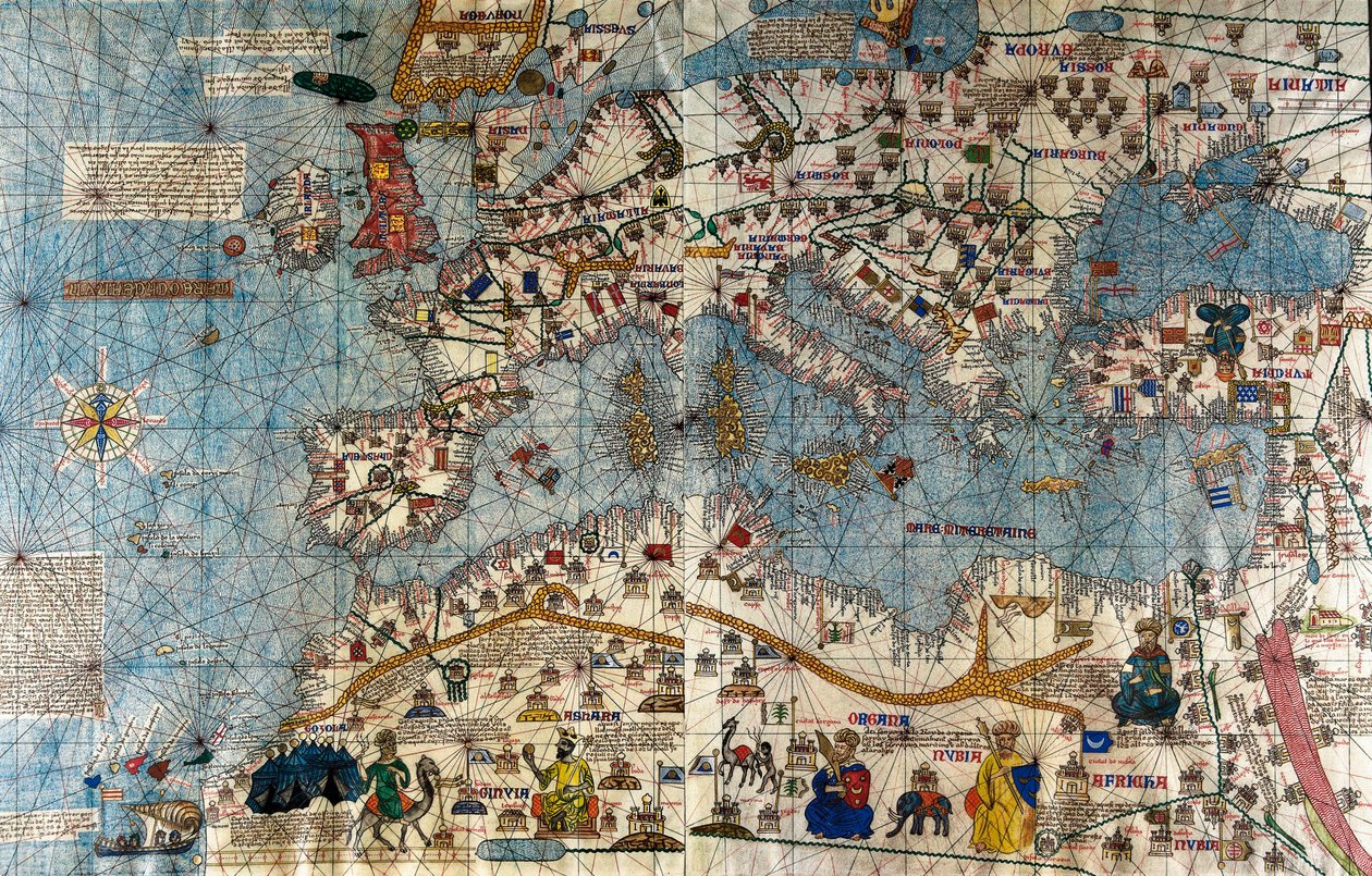 大西洋と地中海のあるヨーロッパ大陸のカタロニア語の地図 作： アブラハムとクレスクエフダクレスク