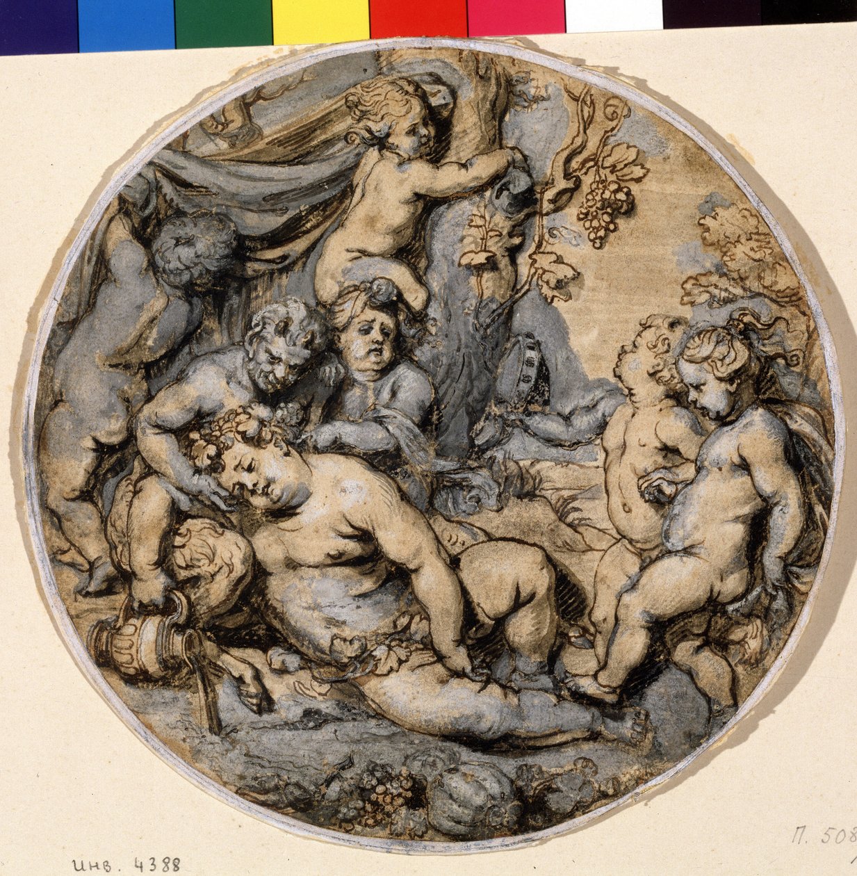 ""Bacchus endormi"" (Sleeping Bacchus) 彼は putti、サテュロスに囲まれている インク画 Abraham Jansz van Diepenbeeck (1596-1675) 17 世紀 プーシキン美術館、モスクワ 作： アブラハム・ヤンス。ヴァン・ディーペンベック