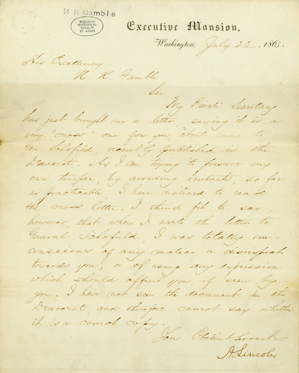 1863年7月23日、ワシントンの大統領官邸にいるA.リンカーンからH.R.ギャンブル閣下への署名入り書簡 作： アブラハムリンカーン