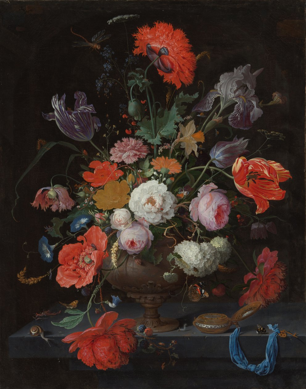 花と時計のある静物、c.1660-79（キャンバスに油彩） 作： アブラハム・ミニョン