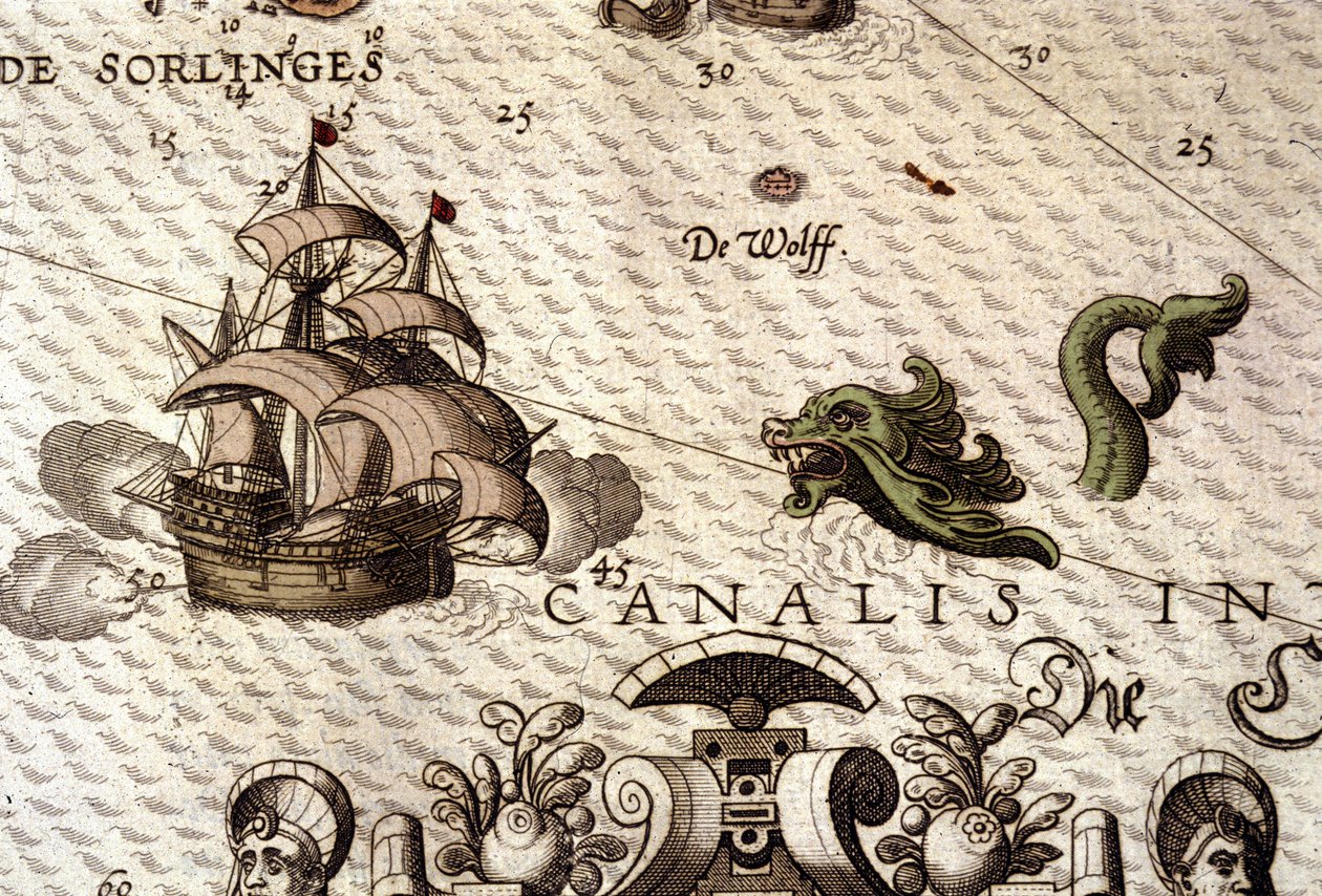 ガレオン船（カラベル船）を襲う海の怪物。アブラハム・オルテリウス著『Theatrum Orbis Terrarum』（アントワープ1584年）の地図の詳細。 作： アブラハム・オルテリウス