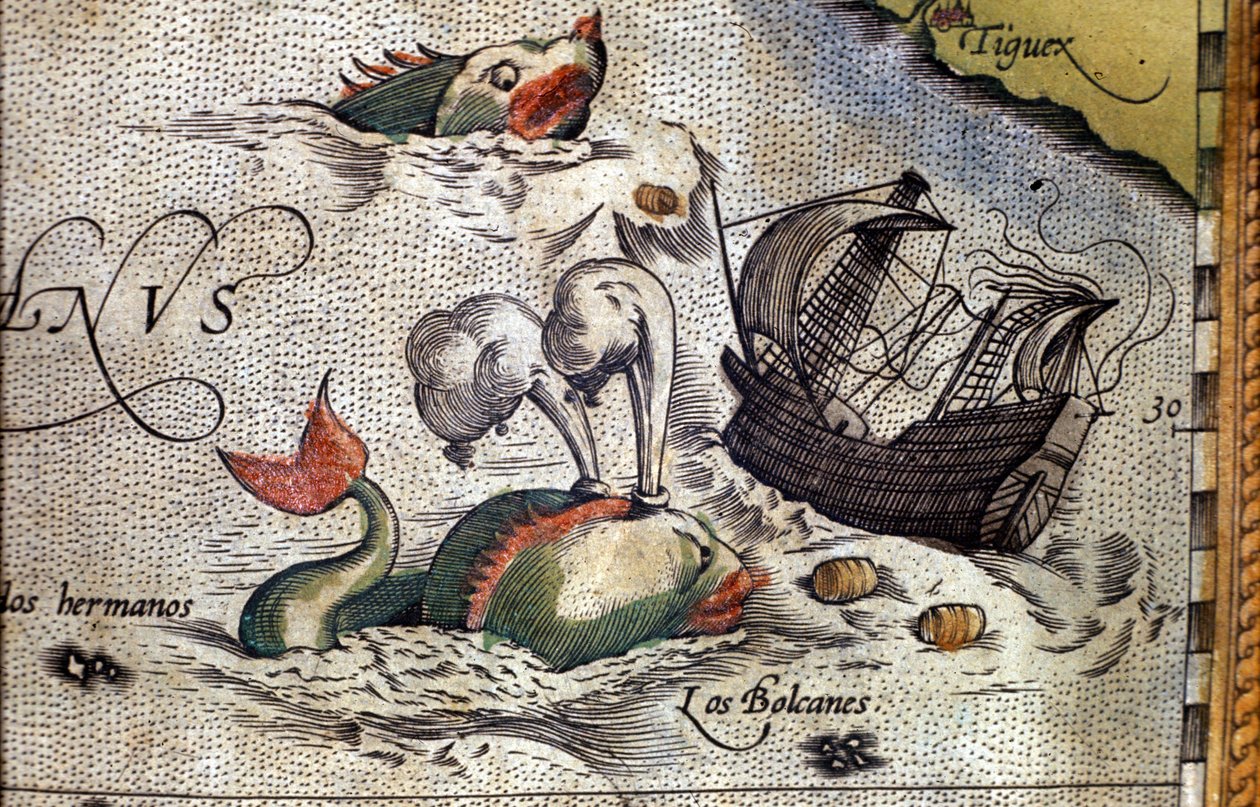 クジラが船を襲う。地図製作者アブラハム・オルテリウス（1527-1598）の「Theatrum Orbis Terrarum」の版図。 作： アブラハム・オルテリウス