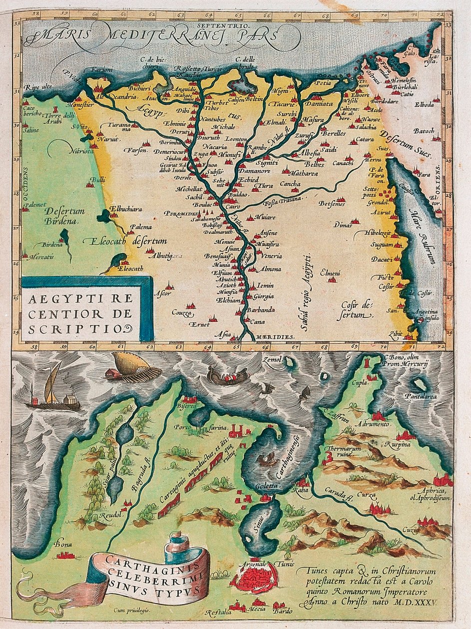 Aegypti Recentior Descriptio.- Carthaginis Celeberrimi Sinus Typus.アブラハム・オルテリウスの "Theatrum Orbis Terrarum "からナイル川沿いの都市とカルタゴ（チュニジア）を含むエジプトの地理地図（Oertel, Ortell or Ortel 作： アブラハム・オルテリウス