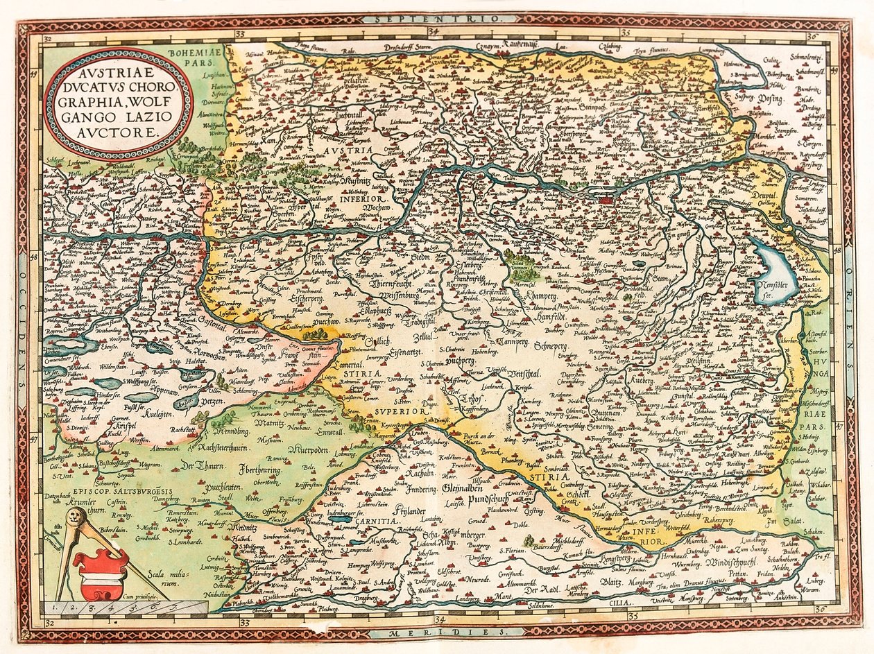 Austria Ducatus Chorographia Wolfgango Lazio Auctore Abraham Ortelius (Oertel, Ortell or Ortel) の "Theatrum Orbis Terrarum "からのドナウ川とウィーンを含むオーストリア領土の地理的地図。 作： アブラハム・オルテリウス
