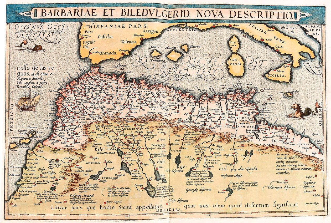 バルバリアーとビルドゥルゲリド、ノヴァ・デスクリプティオ。アブラハム・オルテリウスの「Theatrum Orbis Terrarum」によるアフリカ北部の地理地図（Oertel, Ortell or Ortel 作： アブラハム・オルテリウス