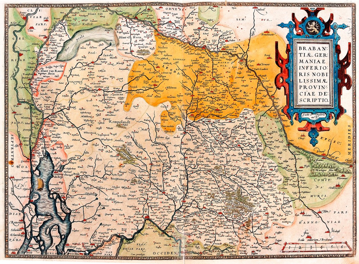 Brabantiae Germaniae Inferioris Nobilissimmae Provinciae Descriptio オランダ領ゲルマン人（Kempeland）以南の地理地図 Abraham Ortelius（Oertel, Ortell or Ortel）の "Theatrum Orbis Terrarum "からの引用。 作： アブラハム・オルテリウス
