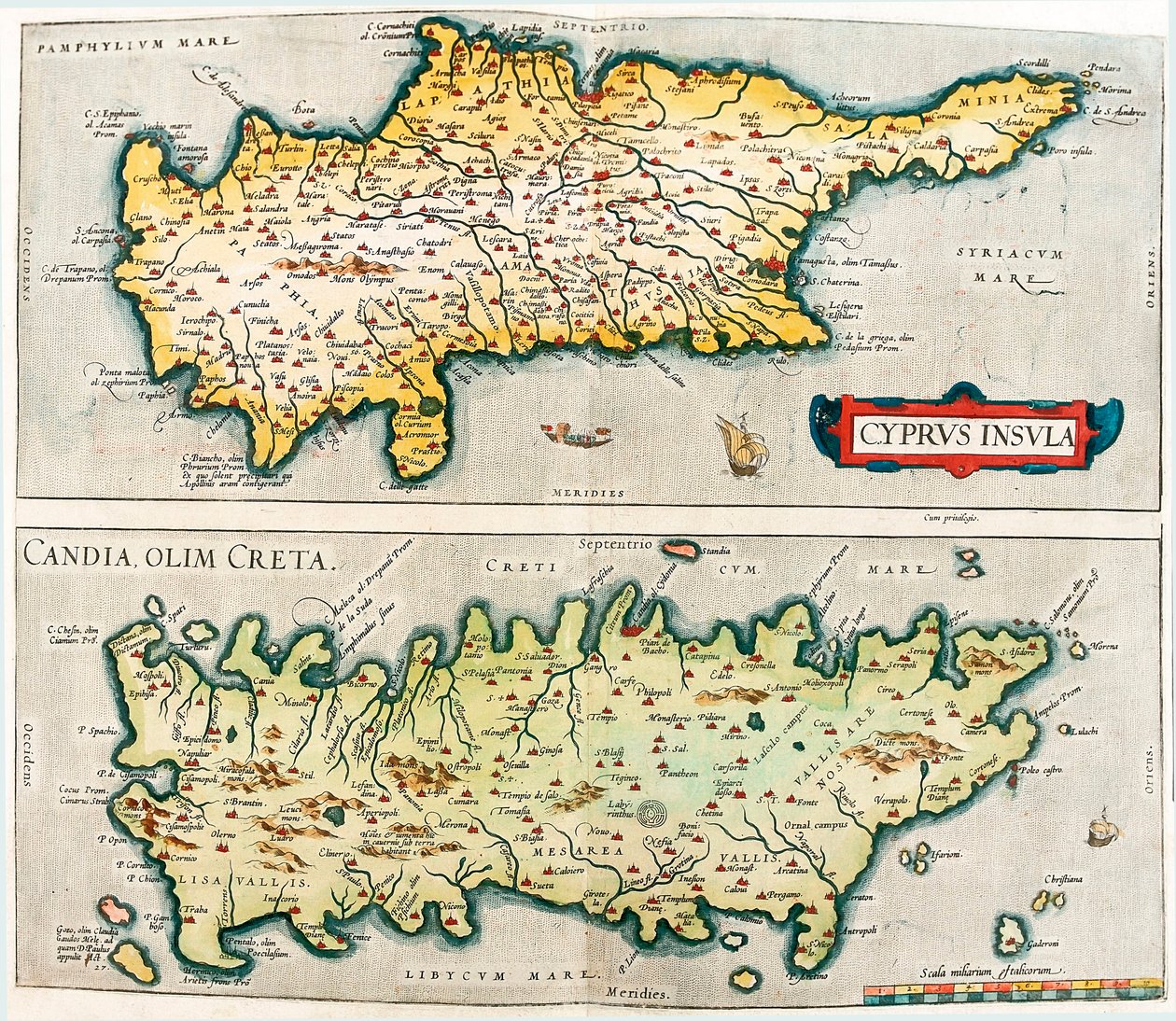 Cyprus Insula - Candia, olim Creta Abraham Orteliusの "Theatrum Orbis Terrarum "によるギリシャのキプロスとクレタの地中海の島々の地理地図（Oertel, Ortell or Ortel 作： アブラハム・オルテリウス