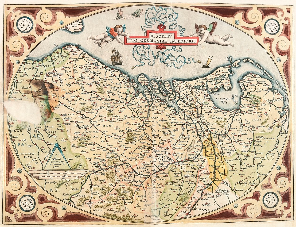 Descriptio Germaniae Inferioris オランダ領ゲルマンの地理地図 Abraham Ortelius (Oertel, Ortell or Ortel) による「Theatrum Orbis Terrarum」から。 作： アブラハム・オルテリウス